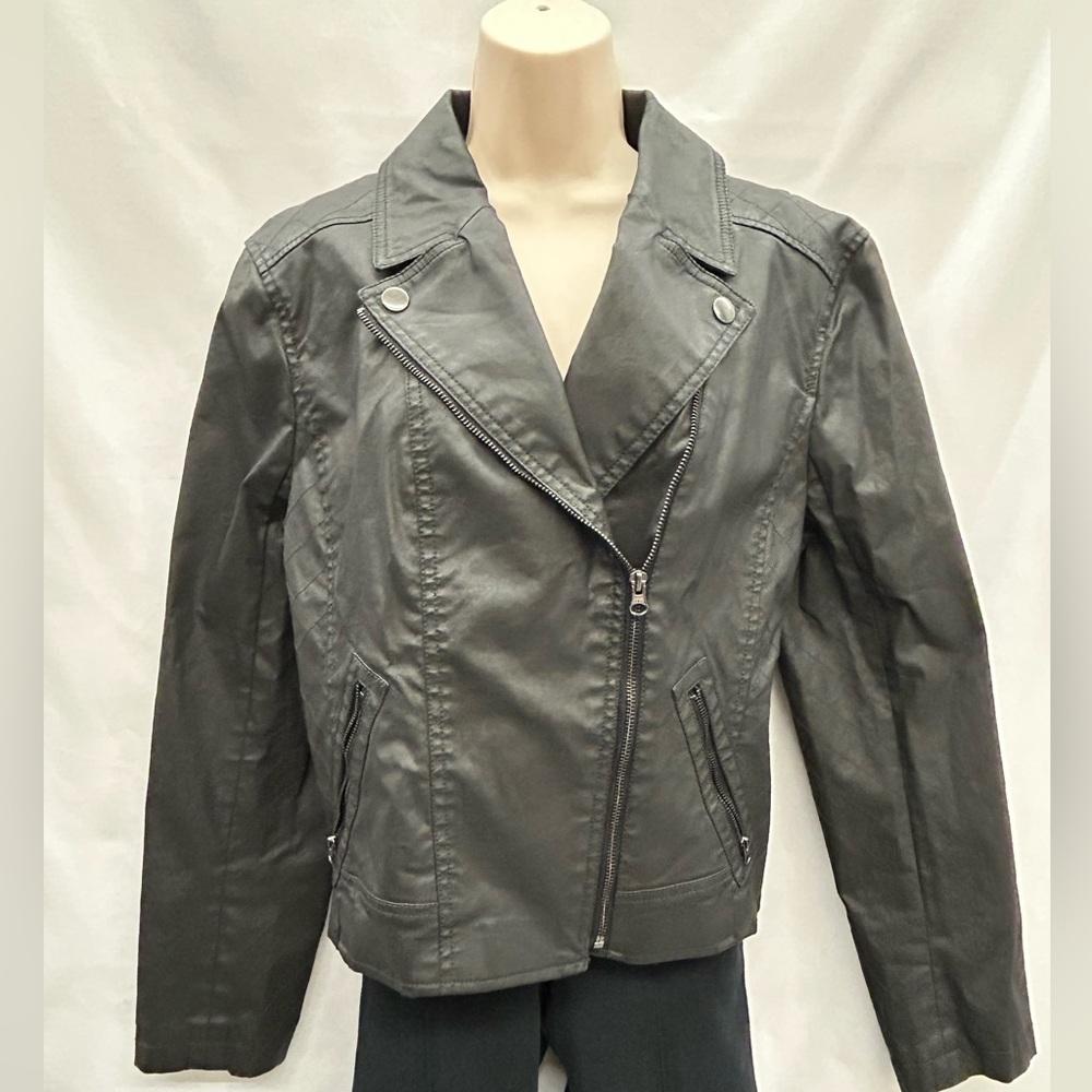 Loft Moto Jacket Woman Xl Black Coated Cotton Asymmetrical Cropped